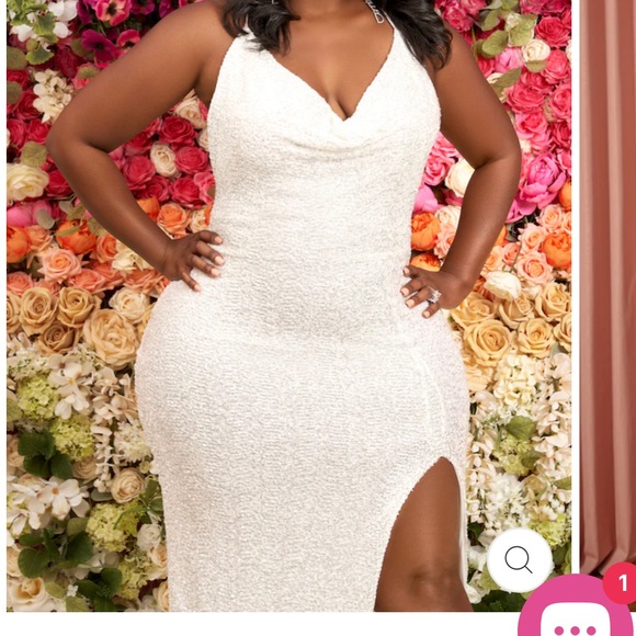 White Sequin Stretch Gown with Slit - Picture 3 of 6